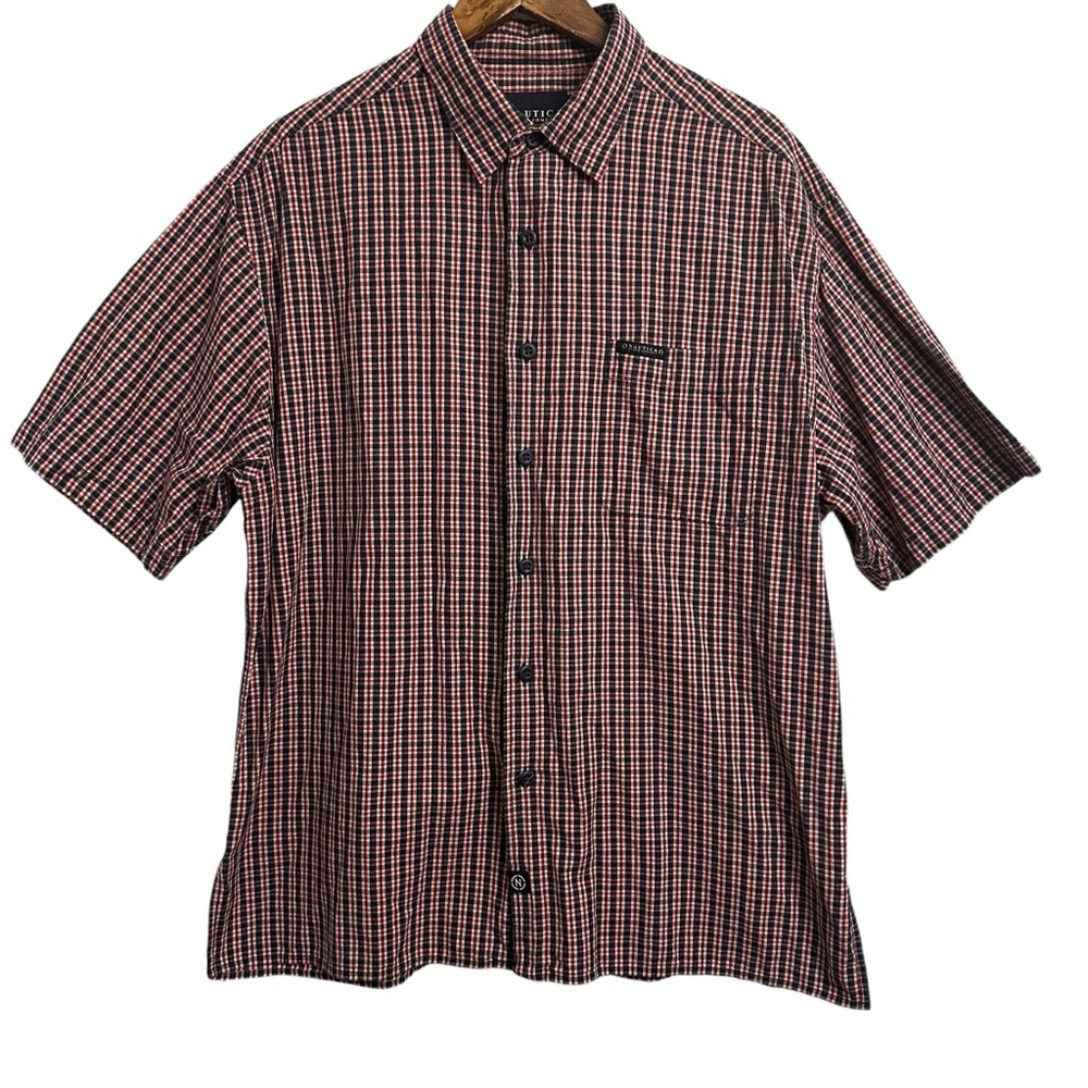 Nautica Short Sleeve Button Down Shirt Men’s Large Plaid Checks Pocket BB